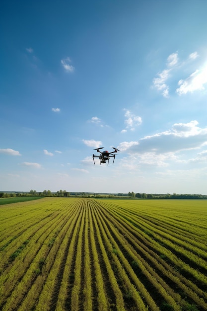 Drone volando sobre un campo con cielo azul y nubes