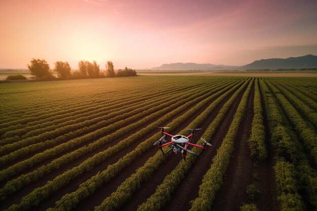 Drone volando sobre un campo de cultivos con una puesta de sol de fondo