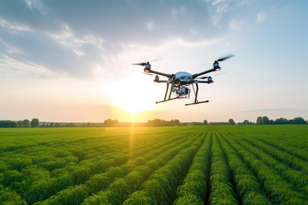 Drone volando sobre un campo con la puesta de sol detrás de él