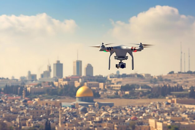 Drone volando sobre la ciudad en un soleado día de verano