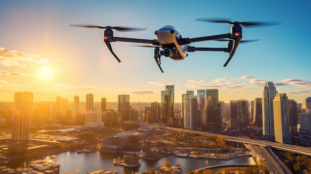 Drone volando sobre la ciudad