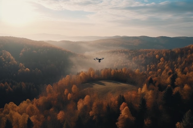 Drone volando sobre las montañas en otoño