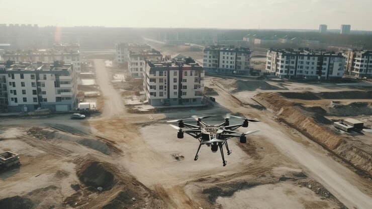 Drone volando sobre un sitio de construcción con un edificio en construcción ai generativo