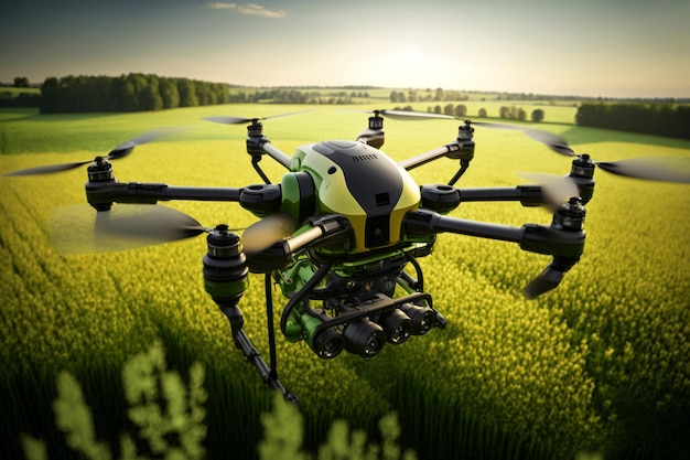 Drone vuela en el cielo sobre campos de arroz y trigo tecnología en el negocio agrícola gestión automática de cultivos tecnología verde del futuro IA generativa