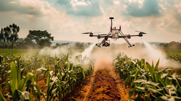 Foto drones agrícolas rociando fertilizante en el campo de maíz