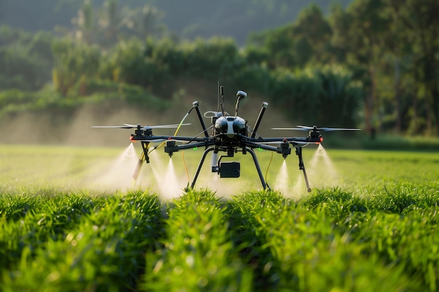 Foto drones agrícolas voam para pulverizar fertilizante em campos de arroz