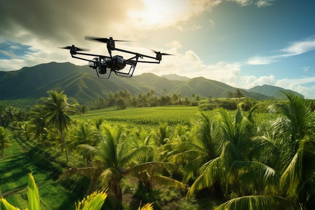 Foto drones agrícolas volando en granjas de caña de azúcar para rociar fertilizante