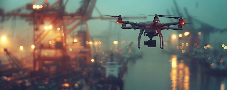 Foto drones de alta tecnología monitorean el puerto industrial al anochecer con luces bokeh borrosas