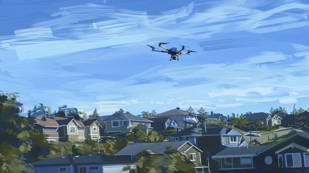 Drones de entrega aérea que navegan por el paisaje suburbano