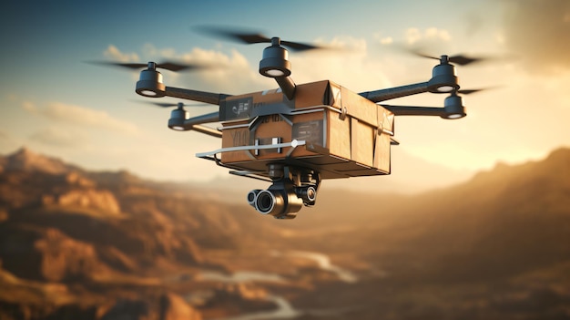 Foto drones no tripulados que transportan cajas de carga