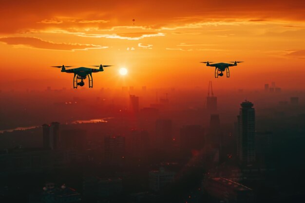 Drones quad copters capturan el paisaje de la ciudad al atardecer