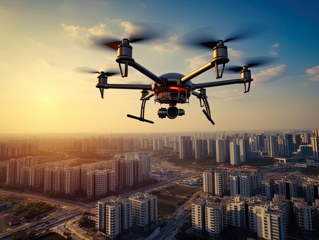 Foto drones quad copters volando en el aire sobre espectacular puesta de sol cielo naranja paisaje urbano con sol