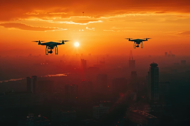 Drones quadcopters capturam a paisagem da cidade ao pôr do sol