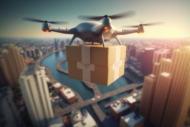 Drones que entregan cajas y vuelan sobre edificios de la ciudad