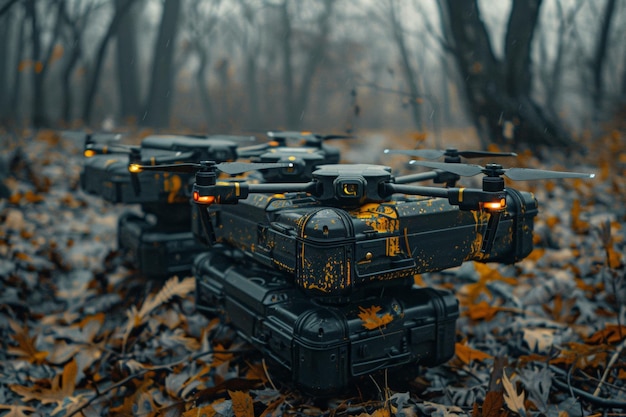 Drones robustos e caixas em terreno nebuloso