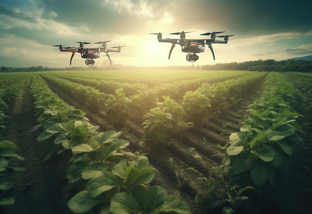 drones sobrevoando o campo agrícola conceito de agricultura inteligente gerado por ai