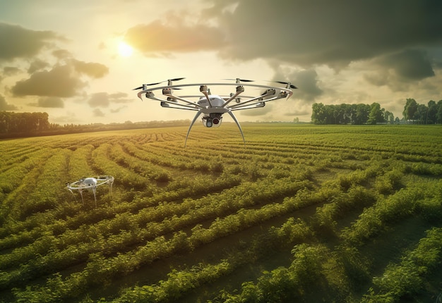 drones volando sobre el campo agrícola concepto de agricultura inteligente generado por ai