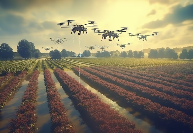 drones volando sobre el campo agrícola concepto de agricultura inteligente generado por ai