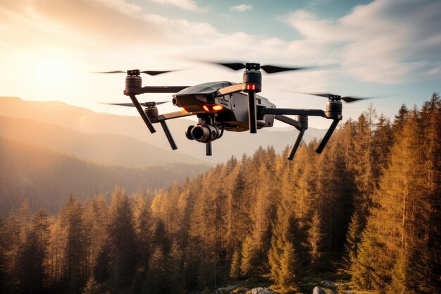 Drones volando sobre lagos y bosques Drones tomando imágenes en lugares naturales en el cielo