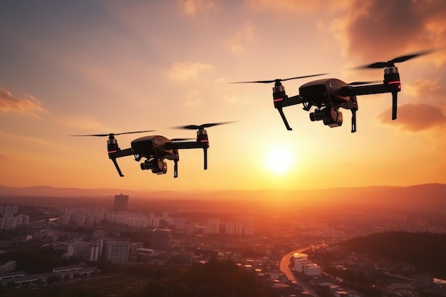 Los drones vuelan sobre la ciudad del atardecer