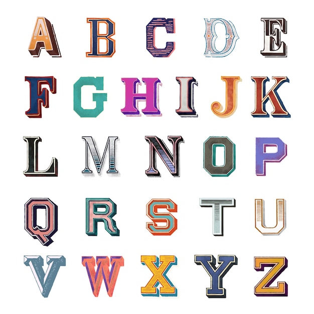 Druckbares az Alphabet png Vintage fettfarbene Schriftarten Typografie