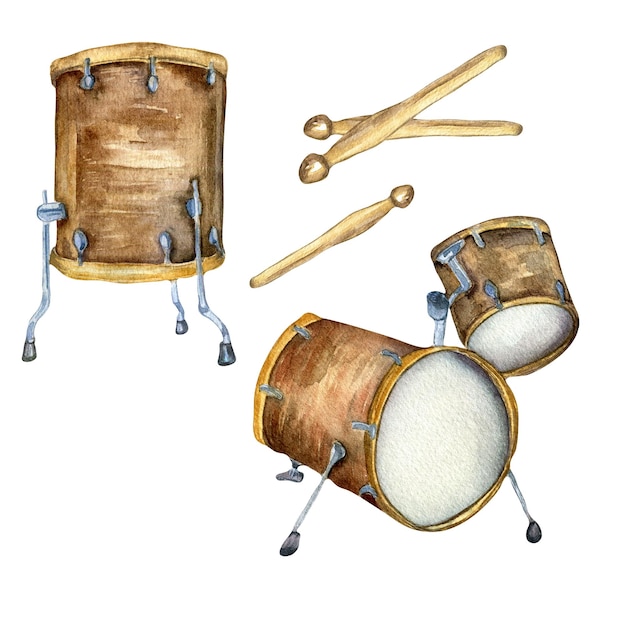 Drum kit baquetas ilustración acuarela aislado en blanco