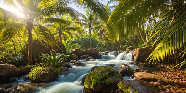 Dschungel an einem sonnigen Tag. Wunderschöne tropische Regenwaldillustration mit exotischen Pflanzen, Palmen, großen Blättern und fließendem Wasser. Helle Sonnenstrahlen. Hintergrund mit unberührter Naturlandschaft. Generative KI