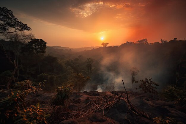 Foto dschungel mit rauch, der durch die hitze des nahegelegenen feuers aufsteigt, und blick auf den sonnenuntergang