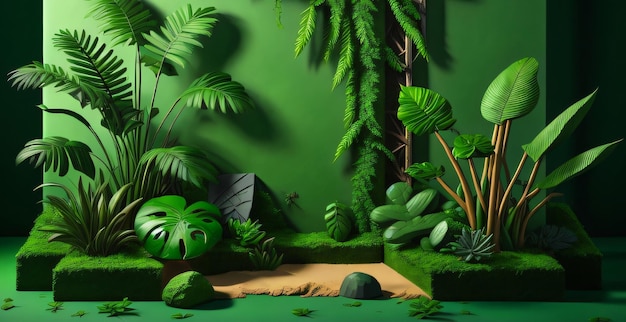 Dschungelhintergrundgemälde einer Dschungelszene mit einer grünen Pflanze und einem grünen Blattwerk. Neue generative KI
