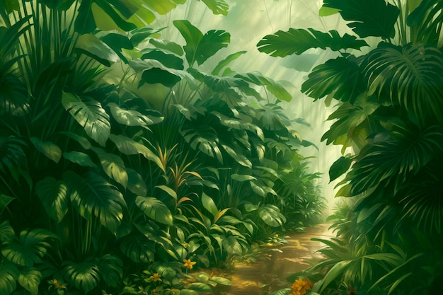 Dschungelillustration an einem sonnigen Tag Wunderschöner tropischer Wald mit exotischen Pflanzen Blumen Palmen große Blätter und Farne Dickicht des Regenwaldes Hell erleuchtete grüne Vegetation Generative KI