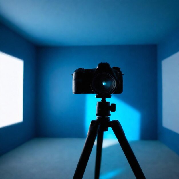 DSLR-Kamera auf einem Stativ in einem Raum mit blauen Wänden
