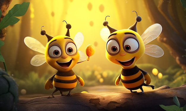 duas abelhas estão de pé umas ao lado das outras e uma tem um fundo amarelo