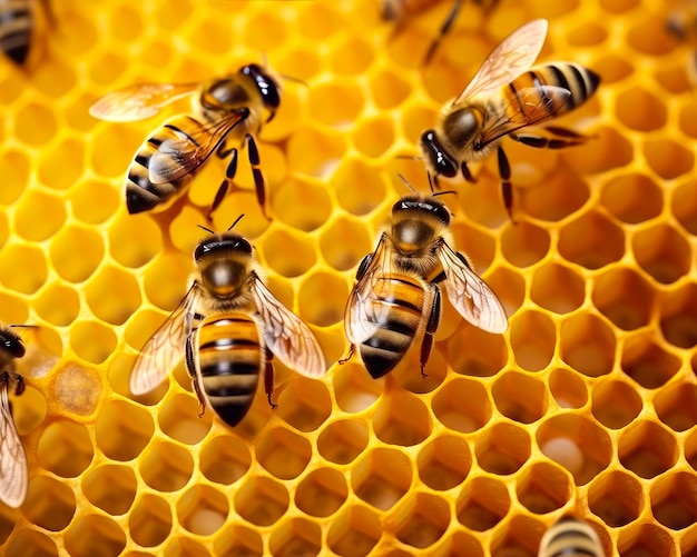 Duas abelhas rastejando pelos favos de mel vazios Conceito de produção de mel Generative AI