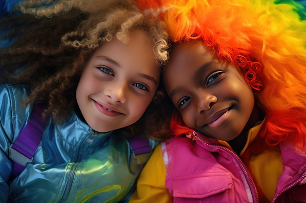 duas adolescentes afro-americanas felizes, vestidas e decoradas com as cores da bandeira do arco-íris