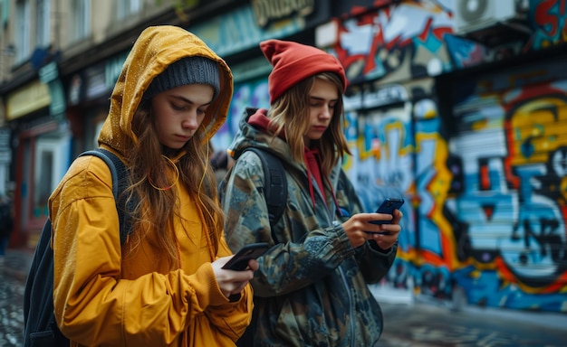 Duas adolescentes de pé em frente à parede de graffiti e olhando para seus telefones