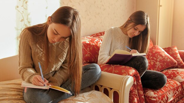 Duas adolescentes escrevendo em diários ou cadernos enquanto estão sentadas no sofá