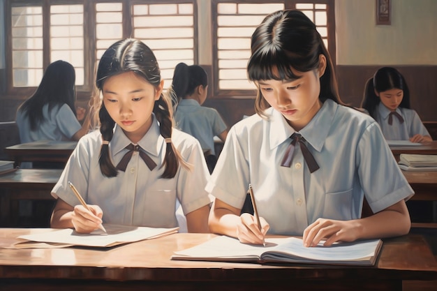 duas adolescentes escrevendo em uma sala de aula no estilo da arte tailandesa forte impacto emocional luz
