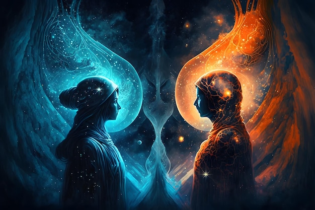 Duas almas conversando no reino astral do multiverso Estrelas da galáxia e planetas dentro da mente Retrato relacionamento e amor