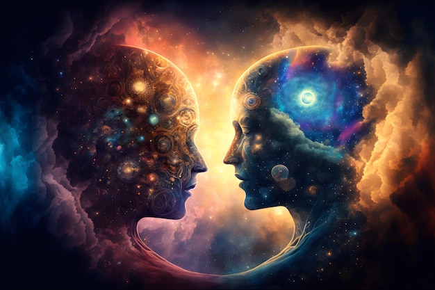 Foto duas almas conversando no reino astral do multiverso estrelas da galáxia e planetas dentro da mente retrato relacionamento e amor