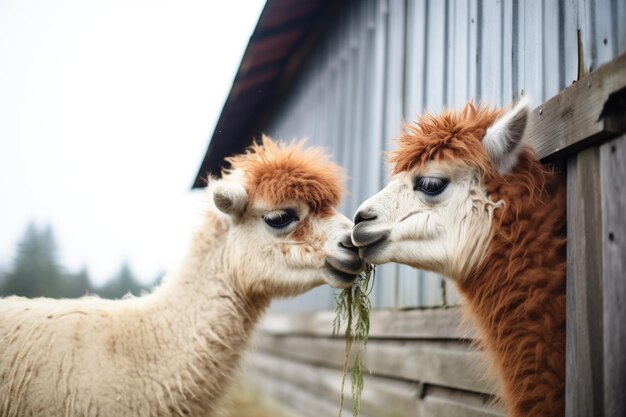 Duas alpacas tocando os narizes perto do celeiro