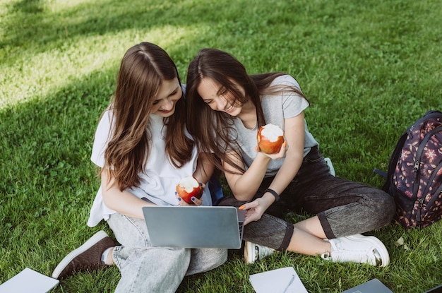 Duas alunas felizes e sorridentes estão sentadas no parque na grama com livros e laptops, comendo maçãs, estudando e se preparando para os exames. Educação a Distância. Foco seletivo suave.