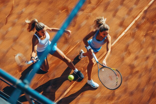 Foto duas amigas a jogar ténis no campo.