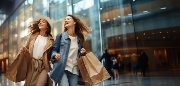 Foto duas amigas alegres caminham pelo centro comercial depois de fazer compras com sacos e compras