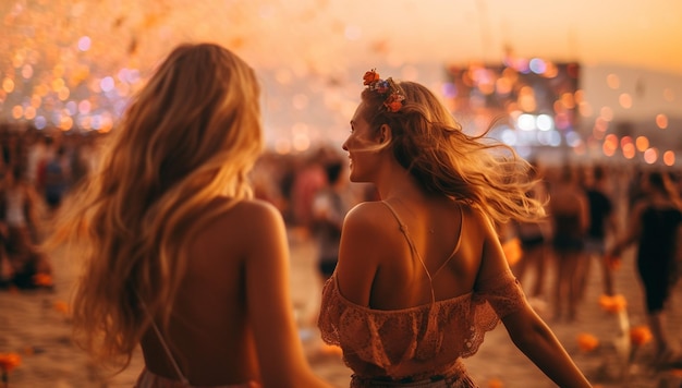 Duas amigas dançando e se divertindo no festival de música nas férias de verão