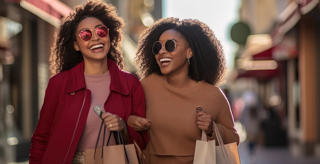 Duas amigas estão andando pela rua com sacolas enquanto fazem compras