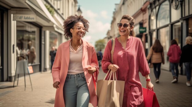 Duas amigas estão andando pela rua com sacos enquanto fazem compras.