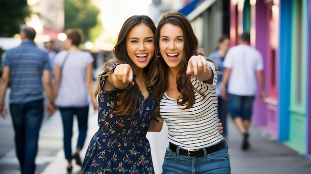 Foto duas amigas excitadas a apontar para ti.