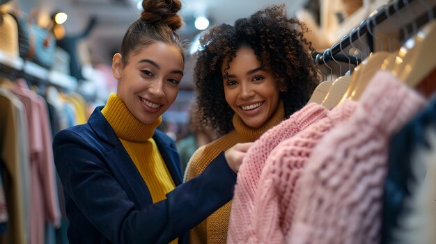 Duas amigas fazendo compras juntas desfrutando de um dia fora. mulheres jovens pesquisando roupas em uma boutique. estilo de moda e amizade capturados em um momento sincero. seleção de roupas casuais vibrantes e trendy.