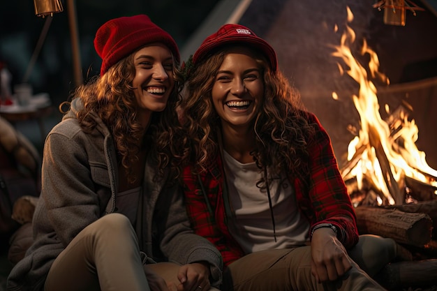 Duas amigas felizes nos seus trinta anos a divertir-se em frente a uma fogueira de acampamento.