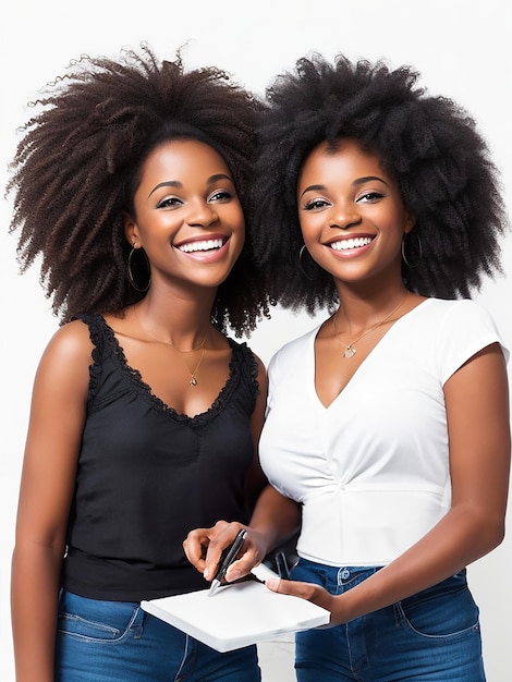 Duas amigas negras felizes contra um fundo branco